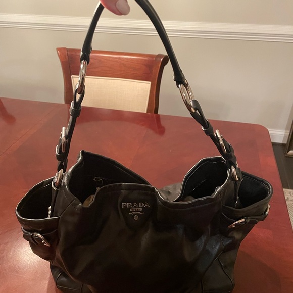 Prada Vitello Daino Soft Leather Black Hobo Handbag With Two Side Pockets - Picture 1 of 9